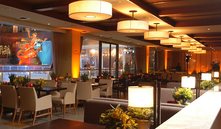 Dining area inside Rock Center Cafe in Rockefeller Center